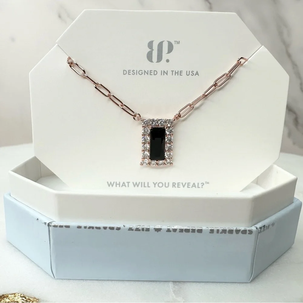 Bomb Party Classic Simplicity Black Onyx Rose Gold Necklace NK99826 NWT